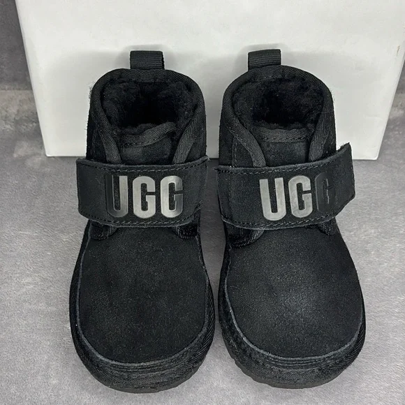 UGG Toddler Black Suede Velcro Strap Boots Size 9 | Cozy Sheepskin Winter Boot - Picture 3 of 9